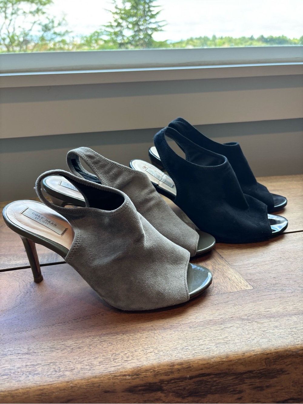 2 Cole Haan Nene Suede Mule Peep-toe Slingback Heels Black and Grey